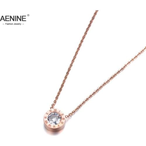 AENINE Round 2Ct Cubic Zirconia Crystal Pendant Necklace Jewelry Titanium Steel Chokers Necklace For Valentines Day AN18004