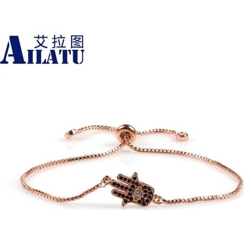 Ailatu High Quality Copper Chain Link Bracelet with Micro Paved Black Cubic Zirconia Hamsa Hand Charm for Women Ladies