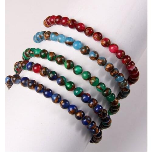 Natural Gold Blue Colorful Cloisonne Stone Beads Bracelet 6mm Polished Agates Beaded Energy Bracelet for Women Men Yoga Jewelry