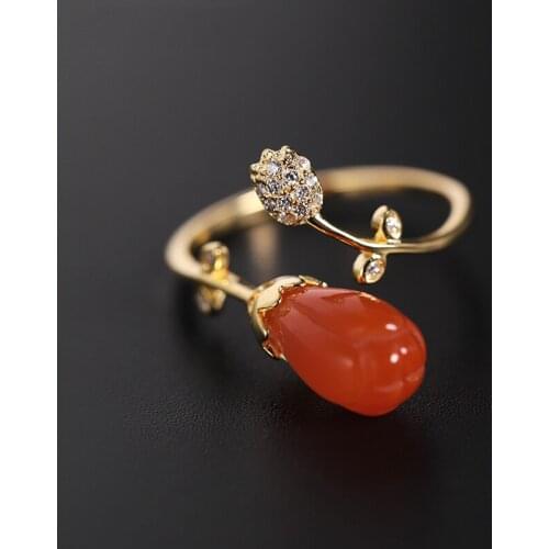 DAIMI Liangshan Persimmon Red South Red Agate Ring Female Heaven Genuine 925 Sterling Silver Jade Tail Ring