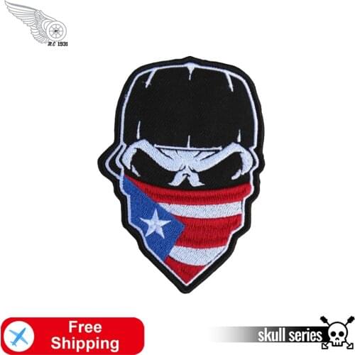 Skull Mask Flag Bandana Embroidered Patch Punk Iron on Badge Wholesale Customized Patches Stripe On Clothes Applique Jacket Jean