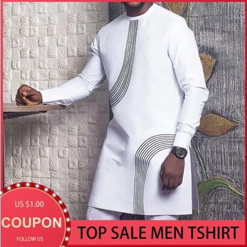 Casual Men Mid-Length Tshirt Loose Long Sleeve Stripe Print White Tops Young Fashion Spring Muslim For Male African Tee 2021