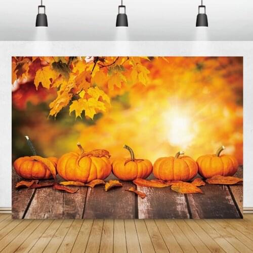 Laeacco Autumn Backdrop For Photography Harvest Pumpkin Maple Leaves Wood Floor Light Bokeh Forest Photo Background Photocall