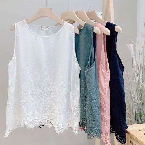 Summer Womens Cotton and Linen Vest Loose Lace Embroidery Round Neck Sleeveless Top