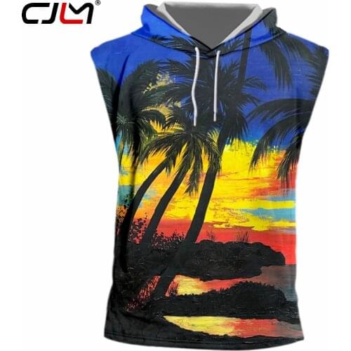 CJLM Unisex Tank Top With Hood New Summer Cool Print Coconut tree landscape 3d Vest Singlets For Men Fit Slim Sleeveless Hoody