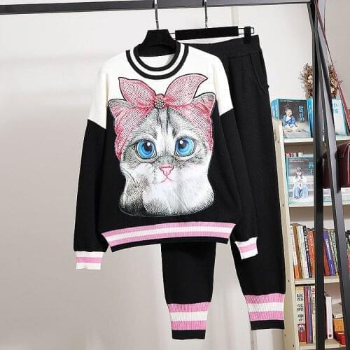 Fashion Patchwork Knitted Tracksuit Outfits Women Loose Cartoons Cat Print Long Sleeve Sweater Pencil Pants Two Piece Set Female