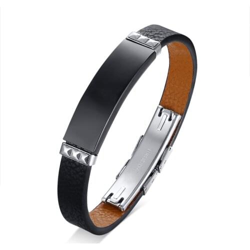 2021 The Bracelet Can Be Laser Engraved Stainless Steel Curved Brand Leather For Mens Trendy Brand Black Retro Bracelet