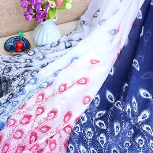 Soft peacock feather 50D positioning printed chiffon fabric artificial Silk scarf stage costume Hanfu skirt dress clothing DIY