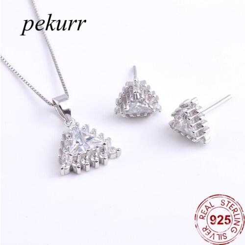 Pekurr 925 Sterling Silver Zircon Bead Triangle Earrings Necklace Sets For Women Geometry Pendants Chain Jewelry Sets