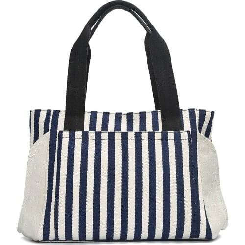 Striped Shopping Bag Womens Canvas Slung Womans Shoulder Bag Ladies Beach Handbags Large Capacity Durable Premium Canvas Black