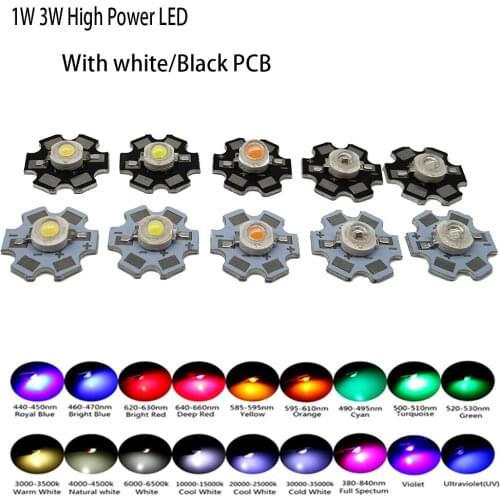 10pcs 1W 3W High Power LED Full Spectrum White Warm white Green Blue Deep Red 660nm Royal blue IR UV With 20mm Black Star PCB