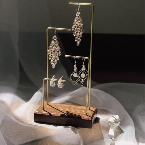 Showcase Wood Black Walnut Metal Pole Necklace Rack Table Jewelry Display Props Earring Hook Stand Earrings Ear Nail Holder
