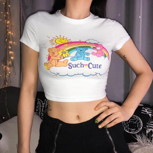Women Cartoon T-shirt Short Sleeve Round Neck Crop Top Bear and Rainbow Print T-Shirts
