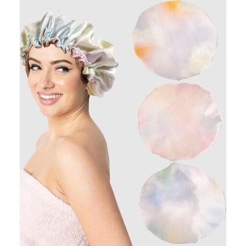 Bonnet Women Sleep Cap Tie-Dyed Satin Night Hair Fashion Curling Bonnet Hat Silk Head Women Satin Cover Wide Elastic Band