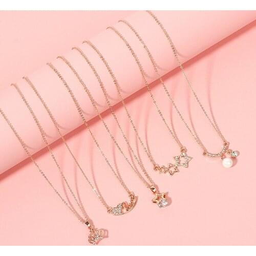 Elegant Flower Crown Heart Pendant Necklace Female Rose Gold Chain Water Drop Crystal Necklaces For Women Choker Summer Jewelry