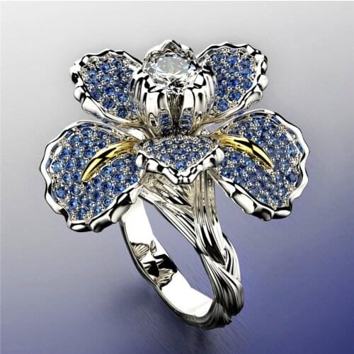 Milangirl Luxury Female White Blue Flower Ring Charm Crystal Zircon Stone Engagement Ring Elegant Rings For Women