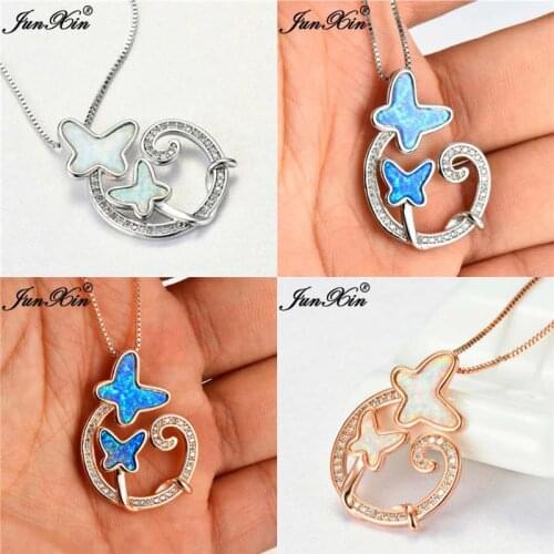 JUNXIN Female Blue White Fire Opal Butterfly Pendant Necklaces For Women White Gold Rose Gold Filled Zircon Wedding Necklace CZ
