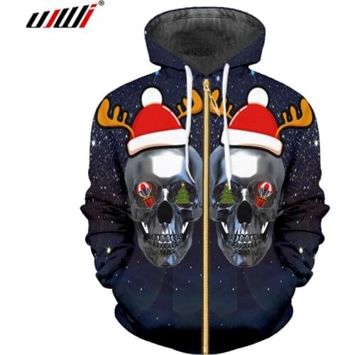 UJWI Winter Mens Creative Starry Sky Tree Zip Hoodies 3D Printed Christmas Hat And Skulls Unisex Wholesale Glitter Coat