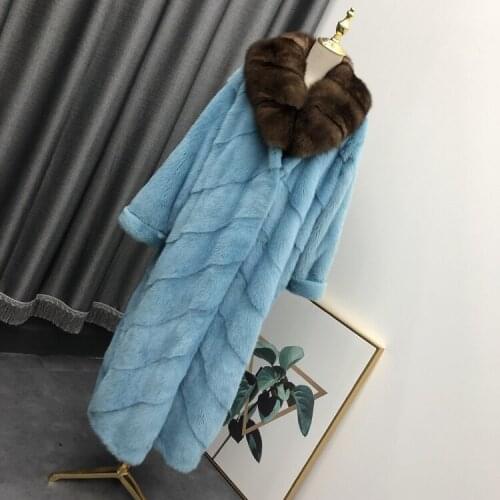 2020 luxury long custom large size factory real price genuine mink leather coat with fox fur collar womens mink fur coat winter