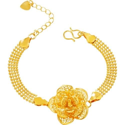 24K Gold Chain flower shape Bangles Bracelets for Women Wedding real 24K Gold Jewelry Adjustable Fashion Cuff Gold Party jewelry