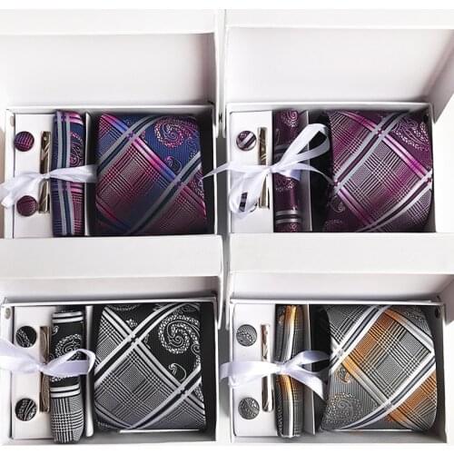 3.35inch(8 Cm) Wide Striped Mens Tie Wedding Ensemble Silver Paisley Man Tie, Handkerchief, Pin and Cufflinks Gift Box Packing