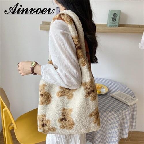Ainvoev Autumn Winter Plush Bear Double Sided Shoulder Bag Large-capacity Cute Bear Student Shopping Tote Bags Fabric Handbag