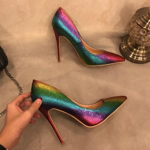 Free shipping fashion women Designer Brand New rainbow patent leather point toe high heels pumps shoes Stiletto 12cm 10cm 8cm