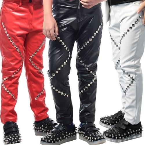 Hip Hop Costume Boys Black Rivets Leather Pants Children Street Dance Trousers Stage Clothes Jazz Performance Costumes DN5137