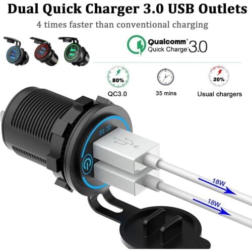 USB QC 3.0 Car Quick Charger Dual Motorbike Charger 12-24V LED Portable Charging Adapter for Kinds of Vehicles