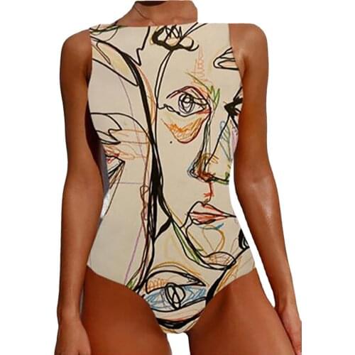 One-piece Swimsuit Women Abstract Printing Monokini Patchwork 2021 Summer O-neck Sexy Beach Bathing Suit Ladies Swimwear