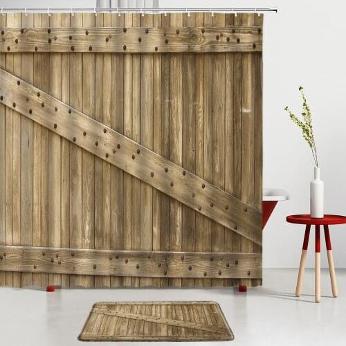 Retro Wooden Door Shower Curtain Set Wood Grain Printing Bath Mats Bathroom Kitchen Entrance Door Mats Room Decoration Carpets