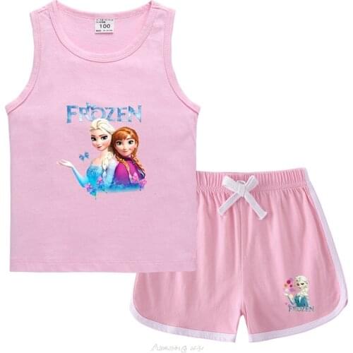 Disney elsa set childrens suit printed vest shorts suit cotton fashion loose home comfortable unisex childrens T-shirt