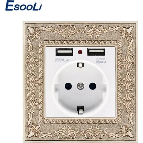 Esooli Zinc Alloy High End Retro Panel 16A White EU Standard Power Wall Socket With Dual USB Charging Port Embossed Panel