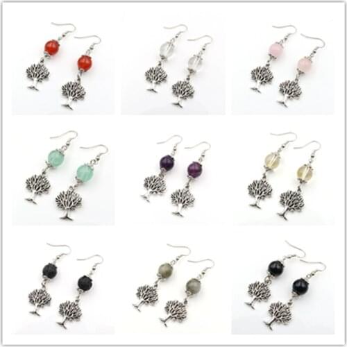 FYJS Unique Antique Silver Plated Tree of Life Red Agates Round Beads Dangle Earrings Rock Crystal Jewelry