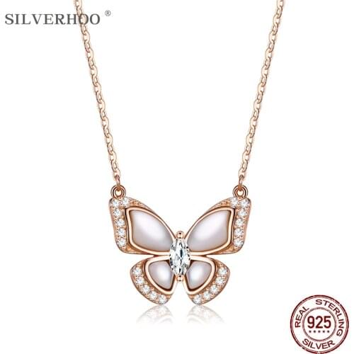 SILVERHOO Elegant Butterfly Pendant 925 Sterling Silver With 5A Cubic Zircon And Ceramic Necklace Female Fine Jewelry Birthday