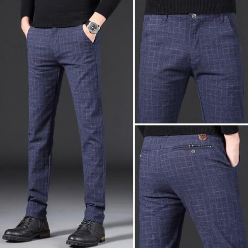 Plaid Pants Men Cotton Slim Fit Check Trousers Elasticity Stretch Classic Dress Pants Suit Business Casual Long Male Pants,9129