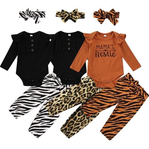 Infant Newborn Baby Girl Boy Spring Autumn Clothes Sets Long Sleeve Letter Bodysuits Leopard Elastic Pants Headband 3PCs Outfits
