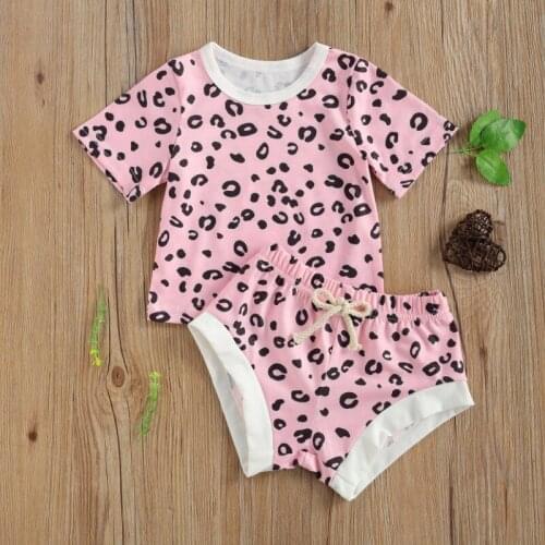 Toddler Baby Leopard Printing Two-pieces Set, Infant Girls Round Collar Short Sleeve Tops + Elastic Shorts Set Summer 2021