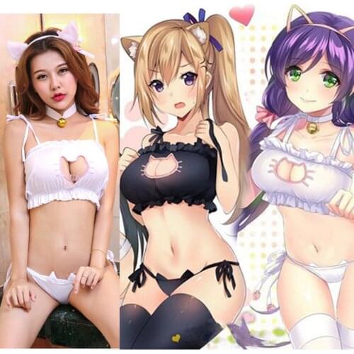 Cartoon Swimwear Swimsuits Cat Printed Swimsuits Beachwear Cosplay Neko Cat Keyhole Bra Briefs Collar Set Lingerie Anime Bikini