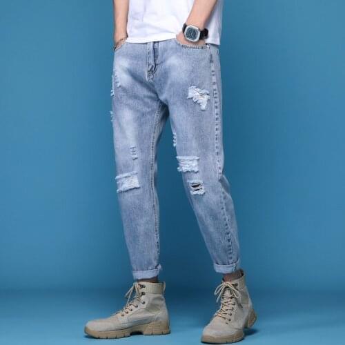 Fashion Mens Jeans Brand Broken Hole Pants Thin Torn Mens Solid Cotton Straight Tube Loose Vintage Washed Jeans Streetwear