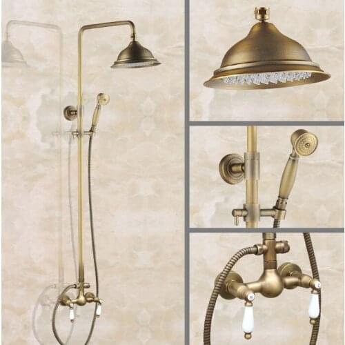 Retro Antique Brass Wall Mounted 8 Inch Rain Bathroom Rainfall Shower Faucet Set Double Handle Hand Spray Head Mixer Tap 2an111
