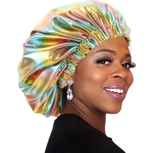 New Women Extra Large Laser Color Sleeping Cap Satin Elastic Bonnet African Silky Bonnets Muslim Hijabs Women Night Sleep Cap