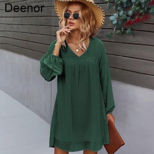 Deenor 2021 Autumn Womens Long Sleeve Dress Soild V-neck Sexy Leisure Vacation Style Dress Boho Holiday Dresses Vestidos