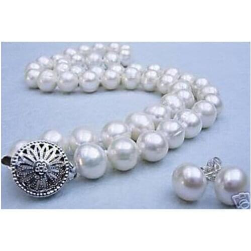 Natural 9-10mm White Freshwater Pearl Necklaces Earrings Jewelry Set