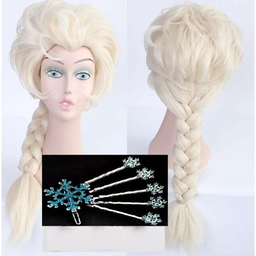 Elsa Wig Princess Platinum Blonde Braids Heat Resistant Synthetic Hair Cosplay Wigs + Wig Cap + 6 Snowflake Hairpins