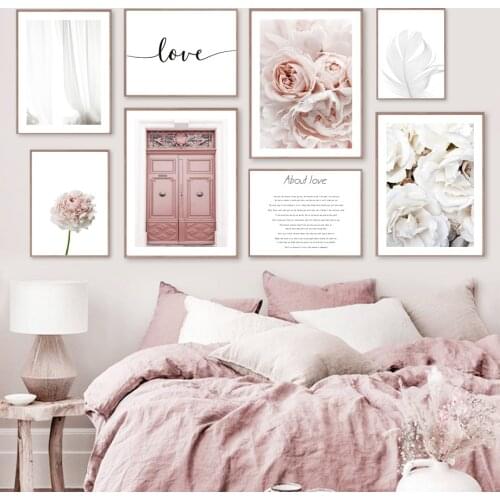 Pink Door Marble Rose Curtain White Flowers Feather Nordic Poster Wall Art Print Canvas Painting Decor Pictures For Living Room