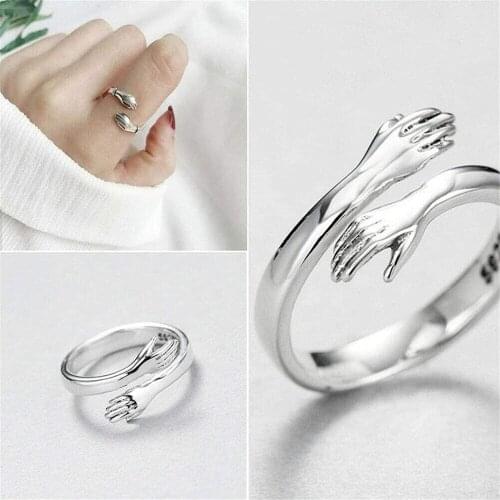 Adjustable 925 Silver Love Hug Hands Open Ring Jewelry for Women Men Gift Hugging Hands Sterling Silver Ring Give Me A Hug Ring