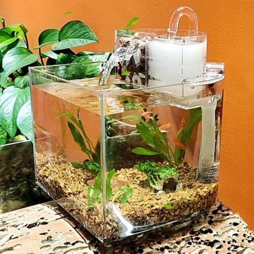 Mini Aquarium Tank Desktop Fish Bowls for Small Fish Clear Aquariums Waterfall Outlet with 2.5w Quiet Pump Filter Cotton