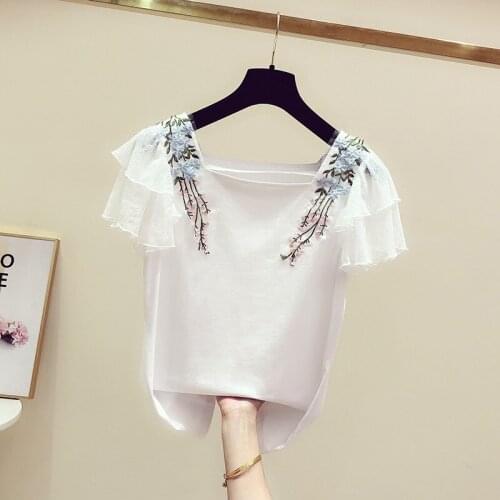 Shirt Summer New Korean Version of Small Fresh Lace Stitching Short Sleeve T-shirt Womens Casual Embroidery Floral Sweet Blusas