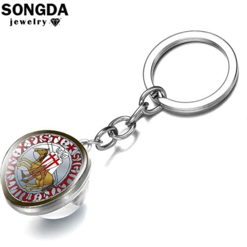 SONGDA Vintage Knights Templar Keychain Mason Freemason Red Cross Shield Art Photo Double-sided Glass Cabochon Pendant Key Chain